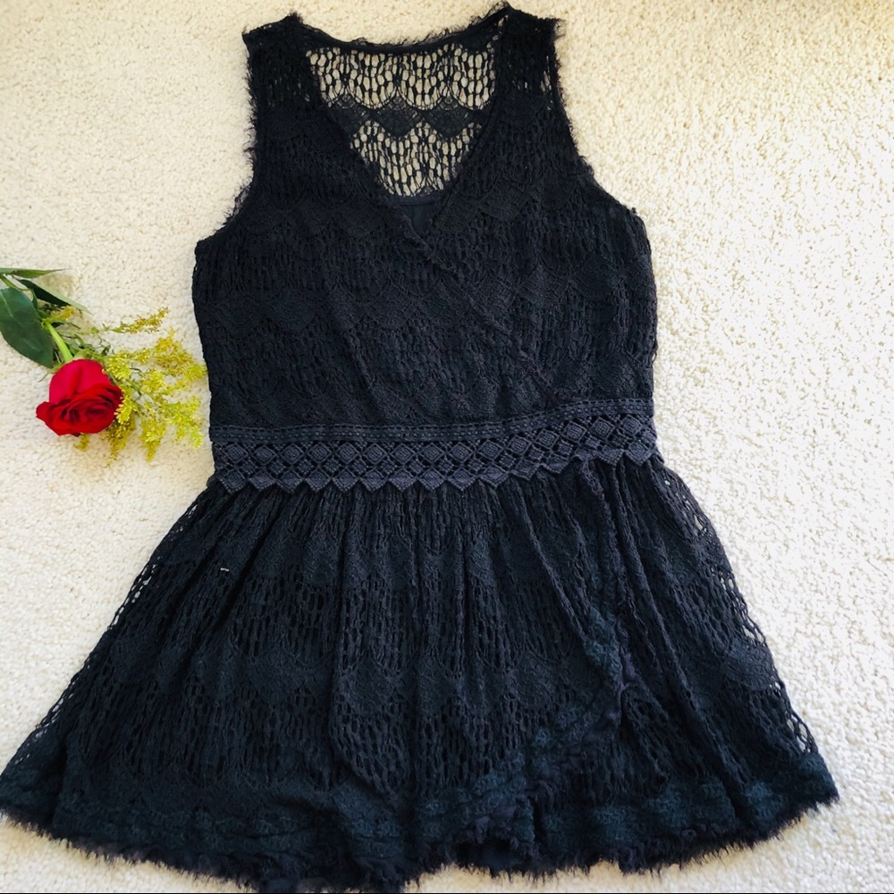 Handmade Boho Lace lined black  dress S